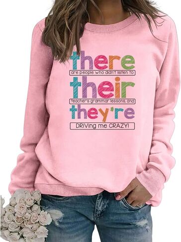 English Teacher Sweatshirt Women Funny Grammar Graphic Long Sleeve Shirts There Their They're Teacher Pullover Tops in Kuwait