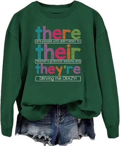 English Teacher Sweatshirt Women Funny Grammar Graphic Long Sleeve Shirts There Their They're Teacher Pullover Tops in Kuwait