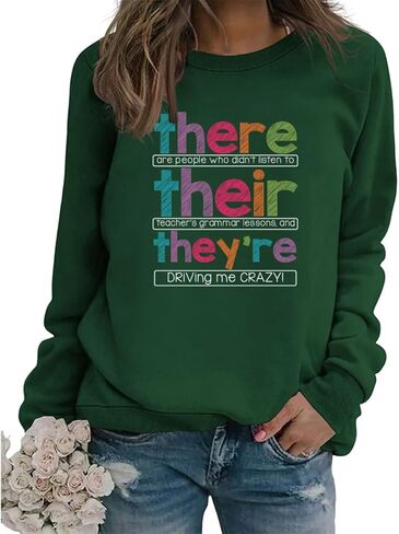 English Teacher Sweatshirt Women Funny Grammar Graphic Long Sleeve Shirts There Their They're Teacher Pullover Tops in Kuwait