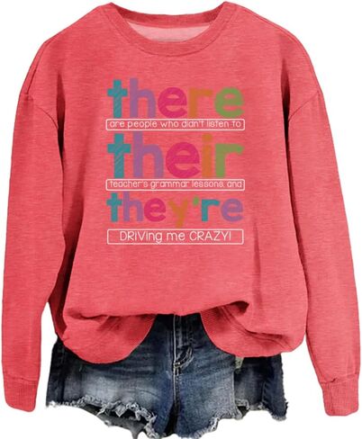 English Teacher Sweatshirt Women Funny Grammar Graphic Long Sleeve Shirts There Their They're Teacher Pullover Tops in Kuwait