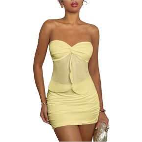 Gorglitter Women's 2 قطعة تنورة مجموعات تويست الأمامي مقسمة Bandeau Tube Bodycon Mini تنورة الخروج in Saudi Arabia