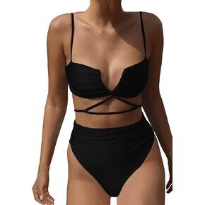 HYTENSUN Women's V Wired High Waisted Bikini Ruched High Cut Two Pieces Swimsuit Bathing Suits in Kuwait