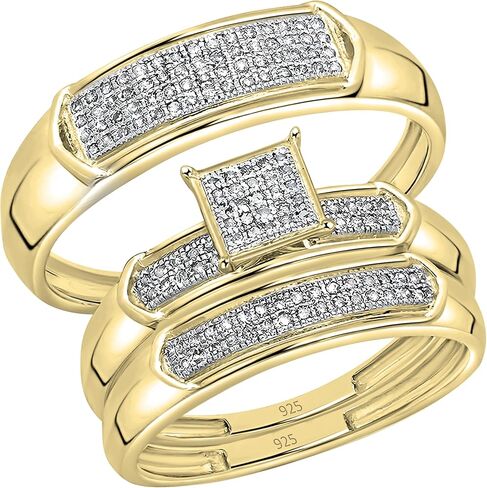 Dazzlingrock Collection Round White Diamond Square Micro Pave Wedding Trio Ring Set (0.30 ctw, Color I-J, Clarity I2-I3) in 18K Yellow Gold Plated Sterling Silver in Saudi Arabia