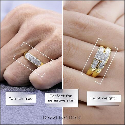 Dazzlingrock Collection Round White Diamond Square Micro Pave Wedding Trio Ring Set (0.30 ctw, Color I-J, Clarity I2-I3) in 18K Yellow Gold Plated Sterling Silver in Saudi Arabia