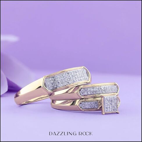 Dazzlingrock Collection Round White Diamond Square Micro Pave Wedding Trio Ring Set (0.30 ctw, Color I-J, Clarity I2-I3) in 18K Yellow Gold Plated Sterling Silver in Saudi Arabia