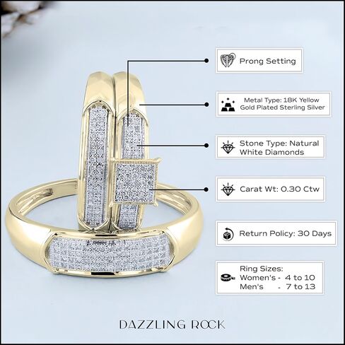 Dazzlingrock Collection Round White Diamond Square Micro Pave Wedding Trio Ring Set (0.30 ctw, Color I-J, Clarity I2-I3) in 18K Yellow Gold Plated Sterling Silver in Saudi Arabia