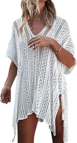 shermie Swimsuit Cover Ups for Women Short Sleeve V Neck Side Slit Loose Casual Mesh Knit Crochet Top in Saudi Arabia