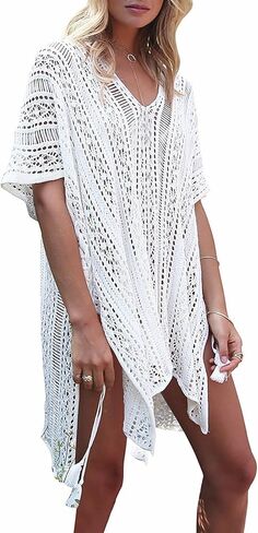 shermie Swimsuit Cover Ups for Women Short Sleeve V Neck Side Slit Loose Casual Mesh Knit Crochet Top in Saudi Arabia