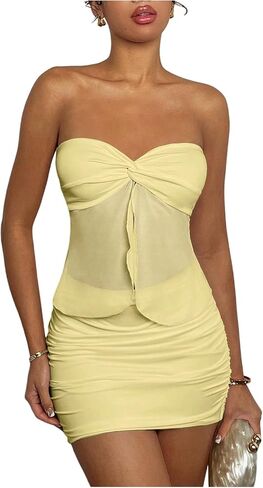 GORGLITTER Women's 2 Piece Skirt Sets Twist Front Split Bandeau Tube Bodycon Mini Skirt Going Out Outfits in Saudi Arabia