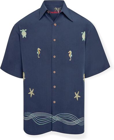 Embroidered Mens Short Sleeve Camp Shirt, 2 Colors, Sea Turtles, Sea Horses, Starfish in Kuwait