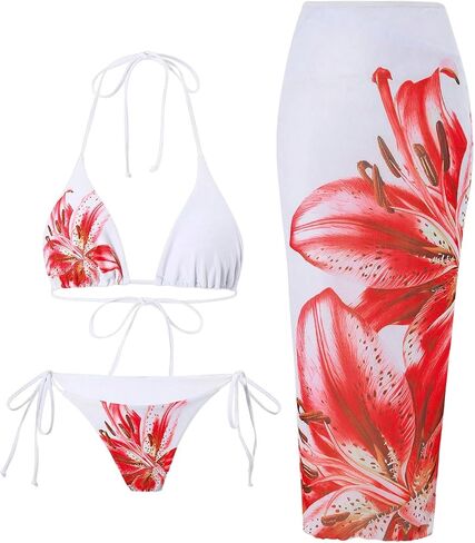 GORGLITTER Women's 3 Piece Swimsuits Floral Print Halter Triangle Tie Side Bikini Set with Cover Up Skirt in Kuwait