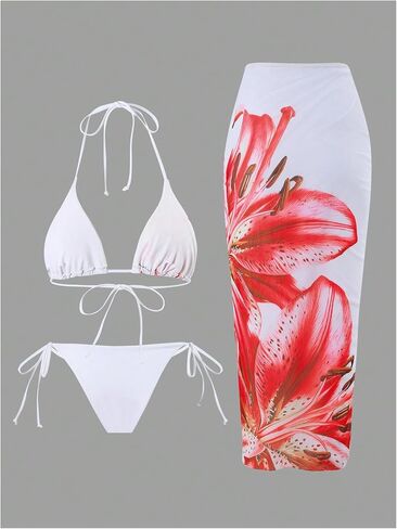 GORGLITTER Women's 3 Piece Swimsuits Floral Print Halter Triangle Tie Side Bikini Set with Cover Up Skirt in Kuwait