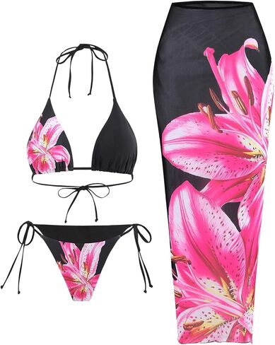 GORGLITTER Women's 3 Piece Swimsuits Floral Print Halter Triangle Tie Side Bikini Set with Cover Up Skirt in Kuwait