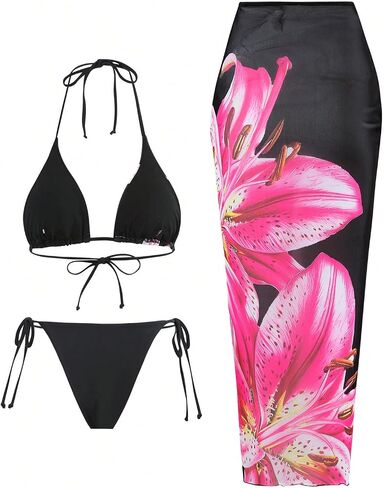 GORGLITTER Women's 3 Piece Swimsuits Floral Print Halter Triangle Tie Side Bikini Set with Cover Up Skirt in Kuwait