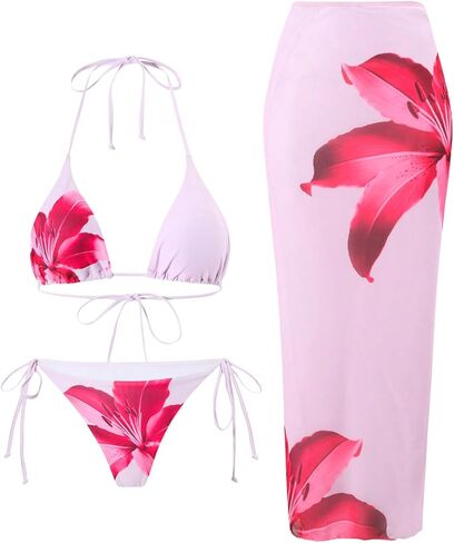 GORGLITTER Women's 3 Piece Swimsuits Floral Print Halter Triangle Tie Side Bikini Set with Cover Up Skirt in Kuwait