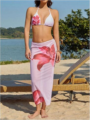 GORGLITTER Women's 3 Piece Swimsuits Floral Print Halter Triangle Tie Side Bikini Set with Cover Up Skirt in Kuwait
