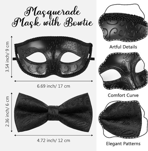 قناع تنكري للرجال مع Bowtie Venetian Mask Tie Roman Bow Tie لعيد الهالوين Mardi Gras Party in Kuwait