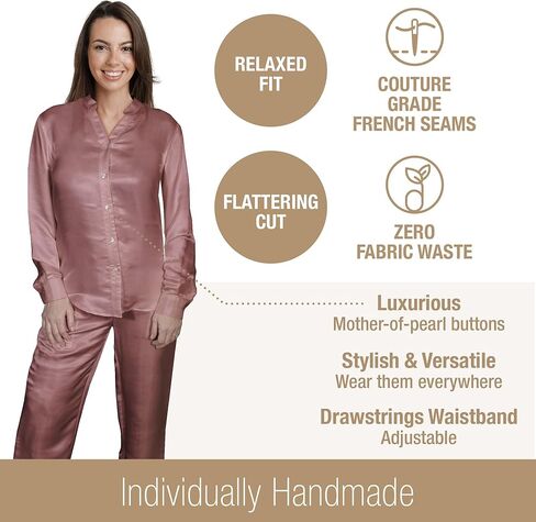 بيجامات الحرير الحرفي الفاخرة للنساء ، طوق الفرقة ، حرير التوت البري 27 موم in Kuwait