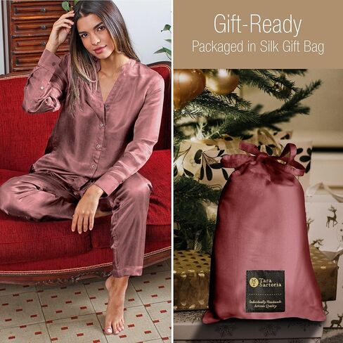 بيجامات الحرير الحرفي الفاخرة للنساء ، طوق الفرقة ، حرير التوت البري 27 موم in Kuwait