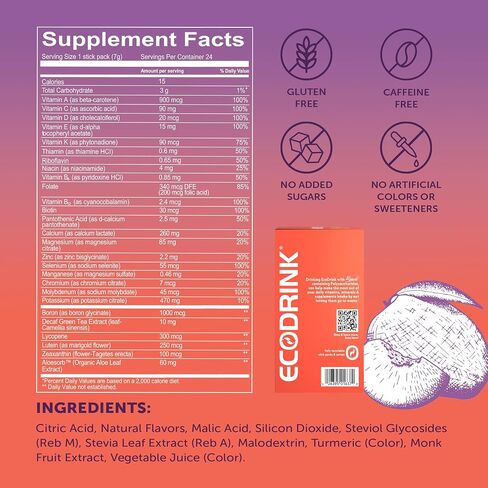 EcoDrink Multivitamin Energy Powder Drink Mix - Electrolytes Antioxidants Nutrients - Sugar and Caffeine Free - Peach Mango Flavor Powder, 30 Packets in Saudi Arabia