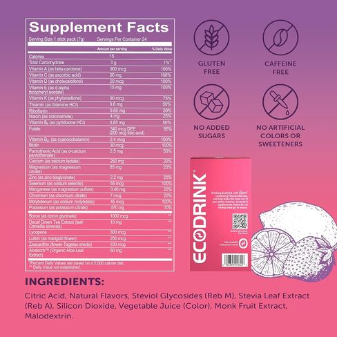 EcoDrink Multivitamin Energy Powder Drink Mix - Electrolytes Antioxidants Nutrients - Sugar and Caffeine Free - Peach Mango Flavor Powder, 30 Packets in Saudi Arabia