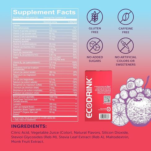 EcoDrink Multivitamin Energy Powder Drink Mix - Electrolytes Antioxidants Nutrients - Sugar and Caffeine Free - Peach Mango Flavor Powder, 30 Packets in Saudi Arabia