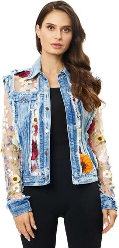 Women's Denim Lace Floral Jacket Adore in Saudi Arabia