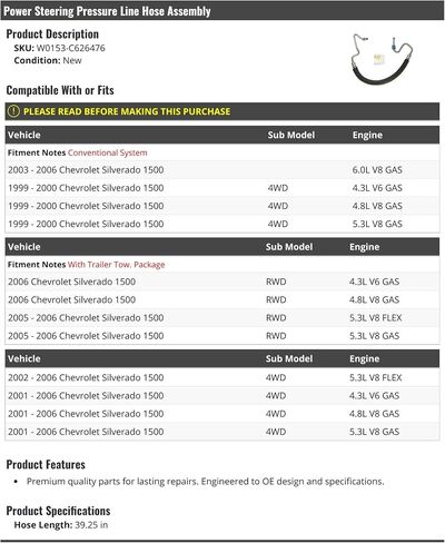 مجموعة خرطوم خط ضغط التوجيه السلطة - 39.25 بوصة - متوافقة مع 1999-2006 Chevy Silverado 1500 in Saudi Arabia