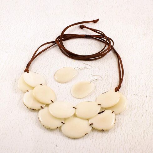 Teal Green Statement Necklace Set made of Tagua Nut, Double Layer Ethnic Artisan Jewelry for Women in Saudi Arabia