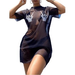 WDIRARA Women's Goth Graphic Sheer Mesh Cover Up Short Sleeve See Through Beach Dress in Saudi Arabia
