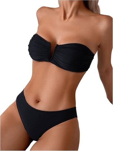 SHENHE Women's Strapless Swimsuit 2 Piece Ruched V Cut Bandeau Tube Top Bikini Set in Saudi Arabia