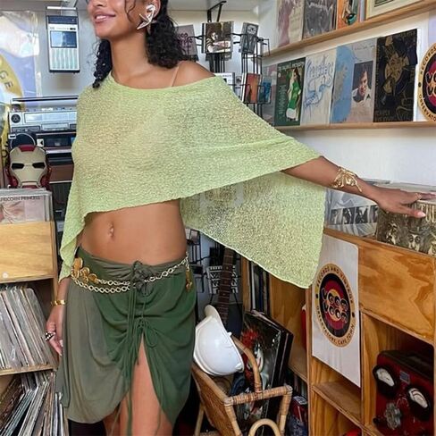 شبك الشبكة الشبكية Poncho Y2K خفيفة الوزن غير متماثل قبالة الكتف انظر من خلال Cover Up شال سترة in Saudi Arabia