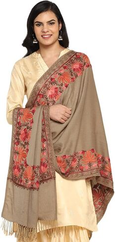 Zamour Women Embroidered Large Scarf Wrap in Faux Pashmina Wool, Indian Kashmiri Oversized Winter Scarves Wraps Stole Shawl in Kuwait