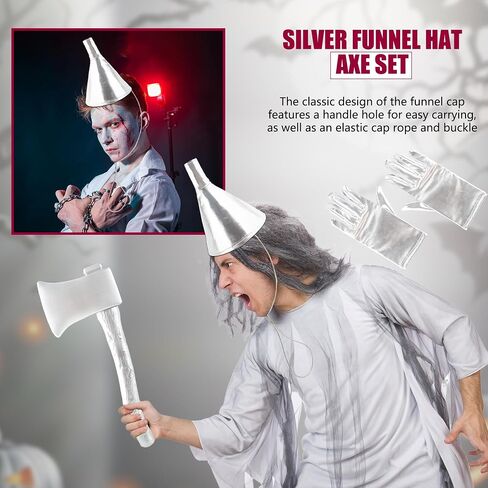 3 Pcs Silver Funnel Hat Axe Set Halloween Hat with Silvery Gloves Metallic Wizard Man Costume Accessories for Adult Kids Halloween Cosplay Party in Saudi Arabia