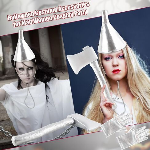 3 Pcs Silver Funnel Hat Axe Set Halloween Hat with Silvery Gloves Metallic Wizard Man Costume Accessories for Adult Kids Halloween Cosplay Party in Saudi Arabia