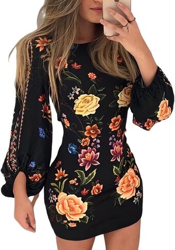 Women's Floral Print Bodycon Dress Lantern Long Sleeve Round Neck Waist Cutout Guest Cocktail Midi Dresses in Kuwait