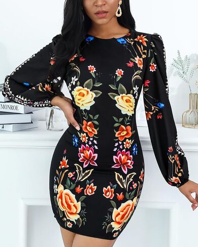 Women's Floral Print Bodycon Dress Lantern Long Sleeve Round Neck Waist Cutout Guest Cocktail Midi Dresses in Kuwait