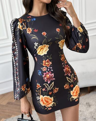 Women's Floral Print Bodycon Dress Lantern Long Sleeve Round Neck Waist Cutout Guest Cocktail Midi Dresses in Kuwait
