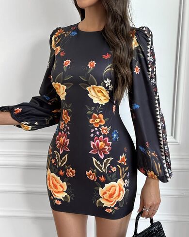 Women's Floral Print Bodycon Dress Lantern Long Sleeve Round Neck Waist Cutout Guest Cocktail Midi Dresses in Kuwait