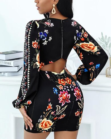 Women's Floral Print Bodycon Dress Lantern Long Sleeve Round Neck Waist Cutout Guest Cocktail Midi Dresses in Kuwait
