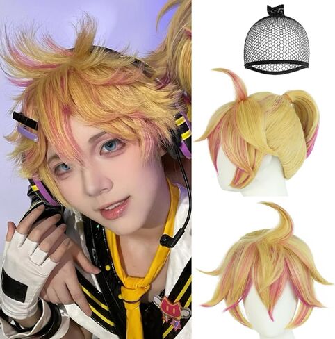 Len Cosplay Wig for Men Short Wavy Blonde Wig with Pink Highlights for Halloween Costume Party Outfit for Christmas Kawaii Synthetic Wig Anime Cosplay Wig for Scene core +Wig Cap in Kuwait