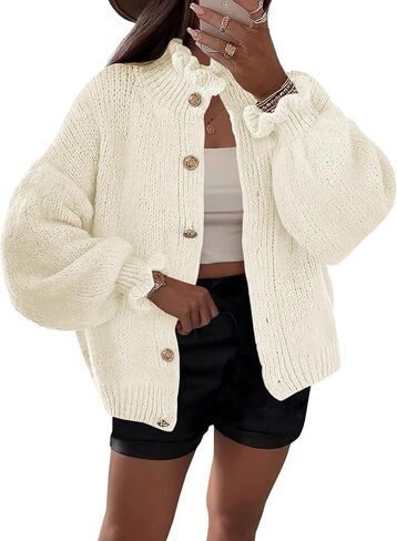 Saodimallsu Womens Ruffle Cardigan Oversized Button Up Fall Trendy Ribbed Knit Open Front Long Sleeve Loose Cute Sweater in Kuwait