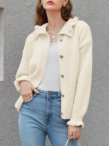 Saodimallsu Womens Ruffle Cardigan Oversized Button Up Fall Trendy Ribbed Knit Open Front Long Sleeve Loose Cute Sweater in Kuwait