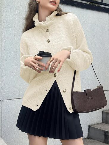 Saodimallsu Womens Ruffle Cardigan Oversized Button Up Fall Trendy Ribbed Knit Open Front Long Sleeve Loose Cute Sweater in Kuwait