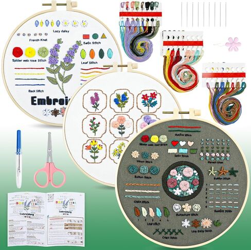 HTVRONT Bead Embroidery Kit for Beginners 3 Sets Bling Bling Bead Embroidery Kit with Step by Step Stitch Video & Instructions, Three-Dimensional Starter Embroidery Kit with 19 Stitches for Gift in Kuwait