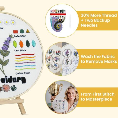 HTVRONT Bead Embroidery Kit for Beginners 3 Sets Bling Bling Bead Embroidery Kit with Step by Step Stitch Video & Instructions, Three-Dimensional Starter Embroidery Kit with 19 Stitches for Gift in Kuwait