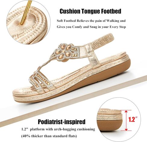 Women's Comfortable T-Strap Sandals - Extra Cushioned Bohemian Flat Shoes with Rhinestones & Beads for Walking, Beach, Wedding in Saudi Arabia