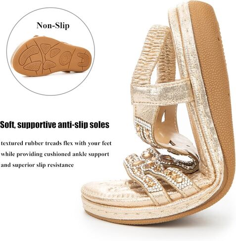 Women's Comfortable T-Strap Sandals - Extra Cushioned Bohemian Flat Shoes with Rhinestones & Beads for Walking, Beach, Wedding in Saudi Arabia