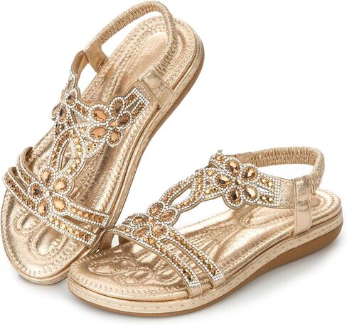 Women's Comfortable T-Strap Sandals - Extra Cushioned Bohemian Flat Shoes with Rhinestones & Beads for Walking, Beach, Wedding in Saudi Arabia