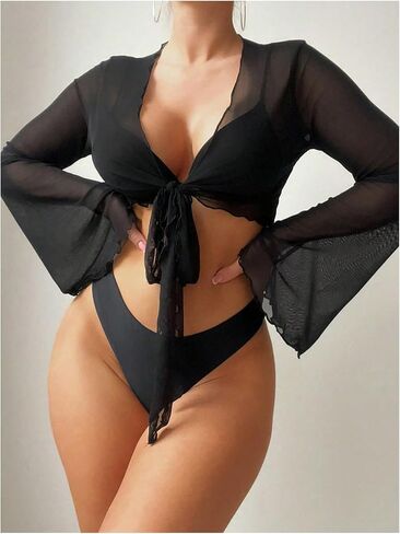 SweatyRocks Women's Sheer Mesh Tie Front Cover Ups Tops Long Sleeve Swimsuit Coverups Swimwear in Saudi Arabia